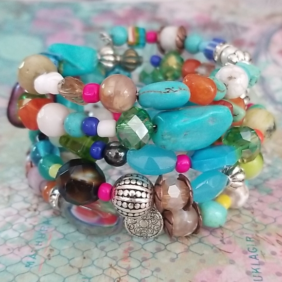 NWT Hand Crafted Semi Precious  Stone Glass Vintage Bead Wrap Bracelet - Picture 6 of 16